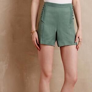 Elevenses Women’s High Waist Embroidered Buttons Flat Front Shorts Size 6P Green